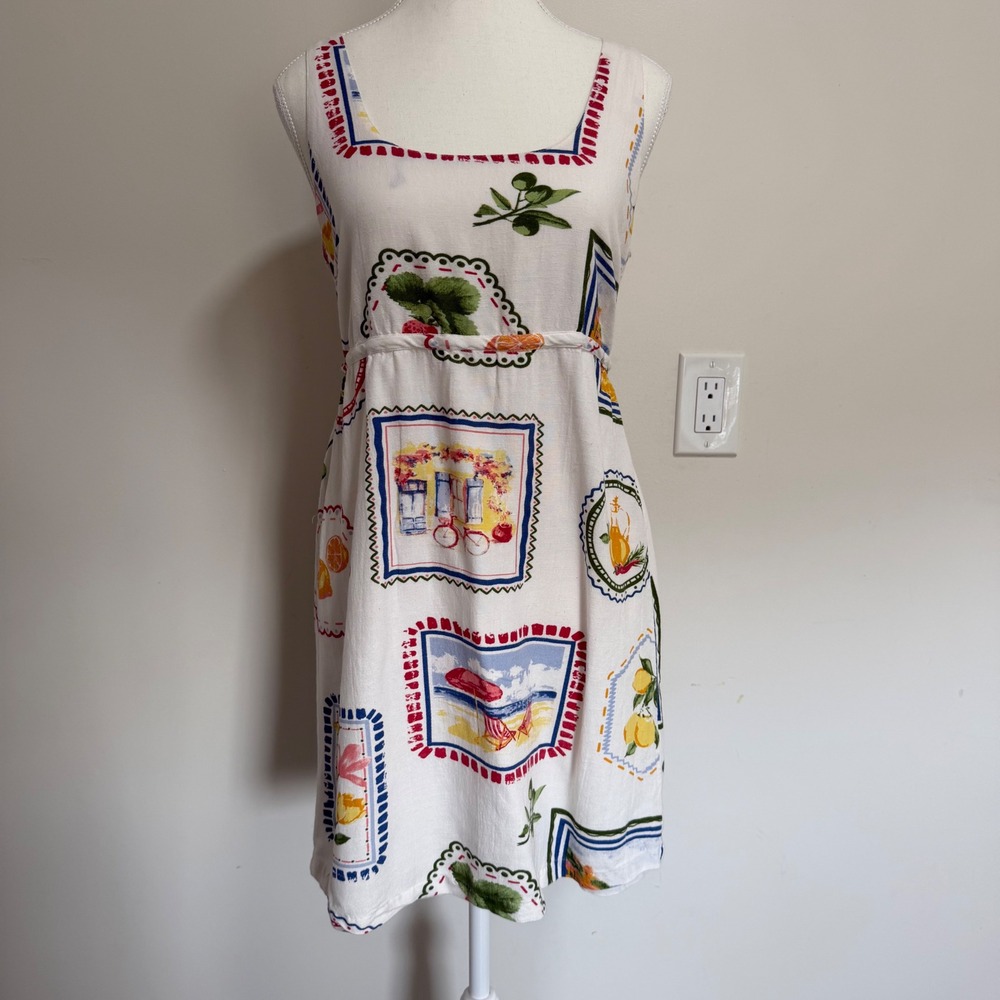 Japna Postcard Fruit Print Mini Dress Womens Size Small White Mediterranean Boho